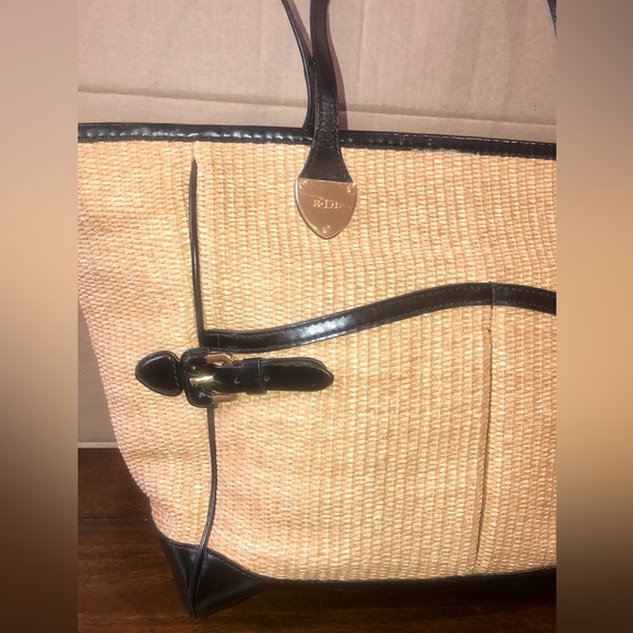 RALPH LAUREN Top Zipper Closure Black Handle Wicker Shoulder Bag with Storage - Picture 16 of 17